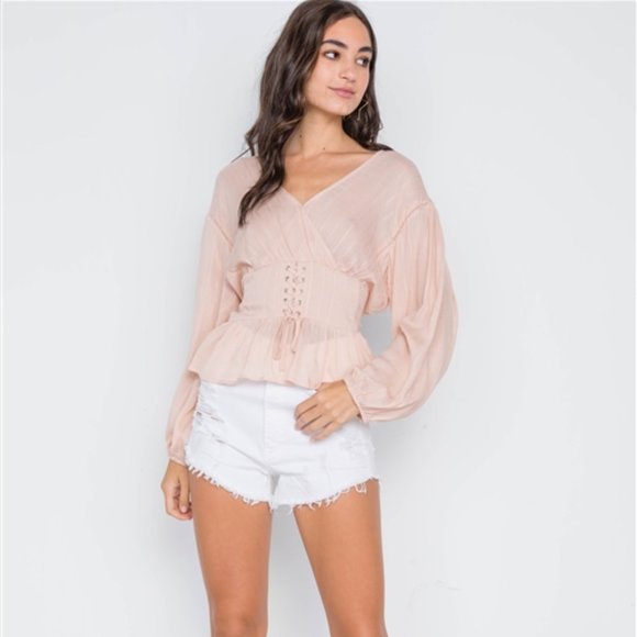 Blush Long Sleeve Lace Up Surplice Neck Top - Picture 4 of 4